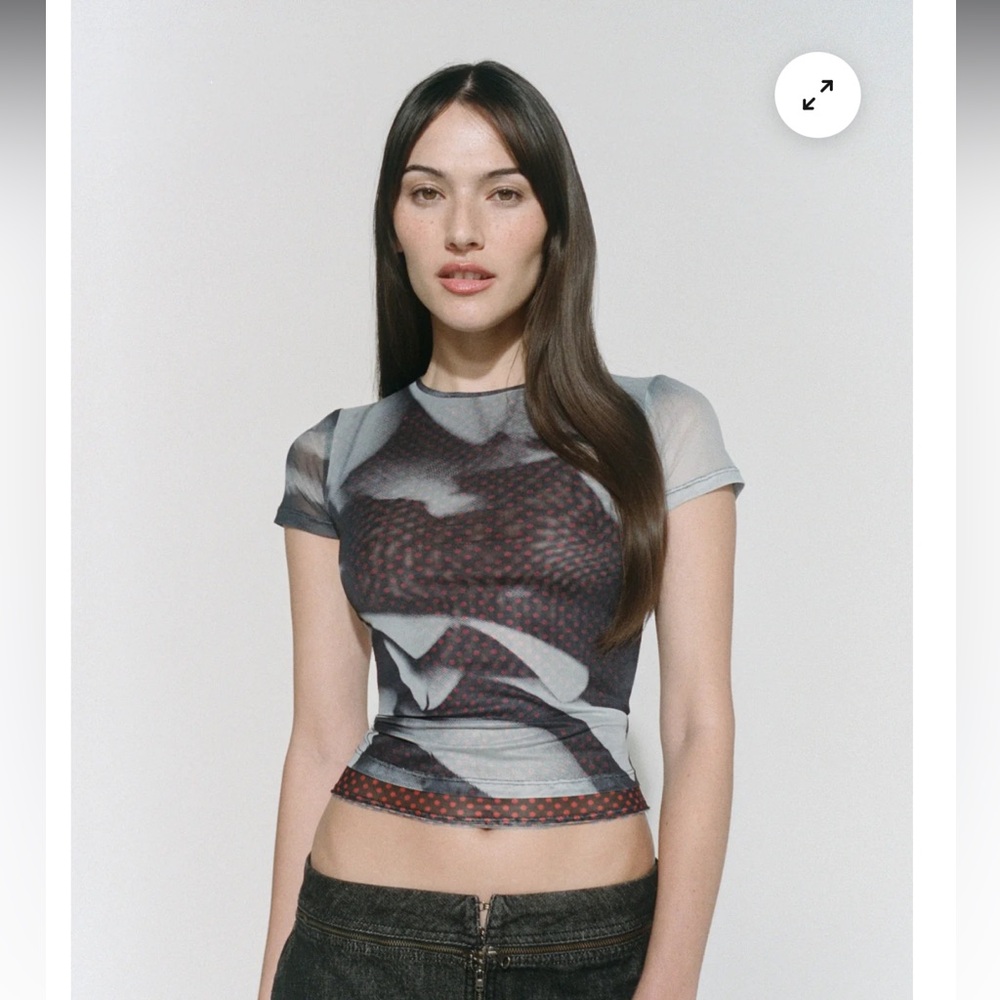 Miaou Sheer Abstract Gray, Black & Red Mesh Tee